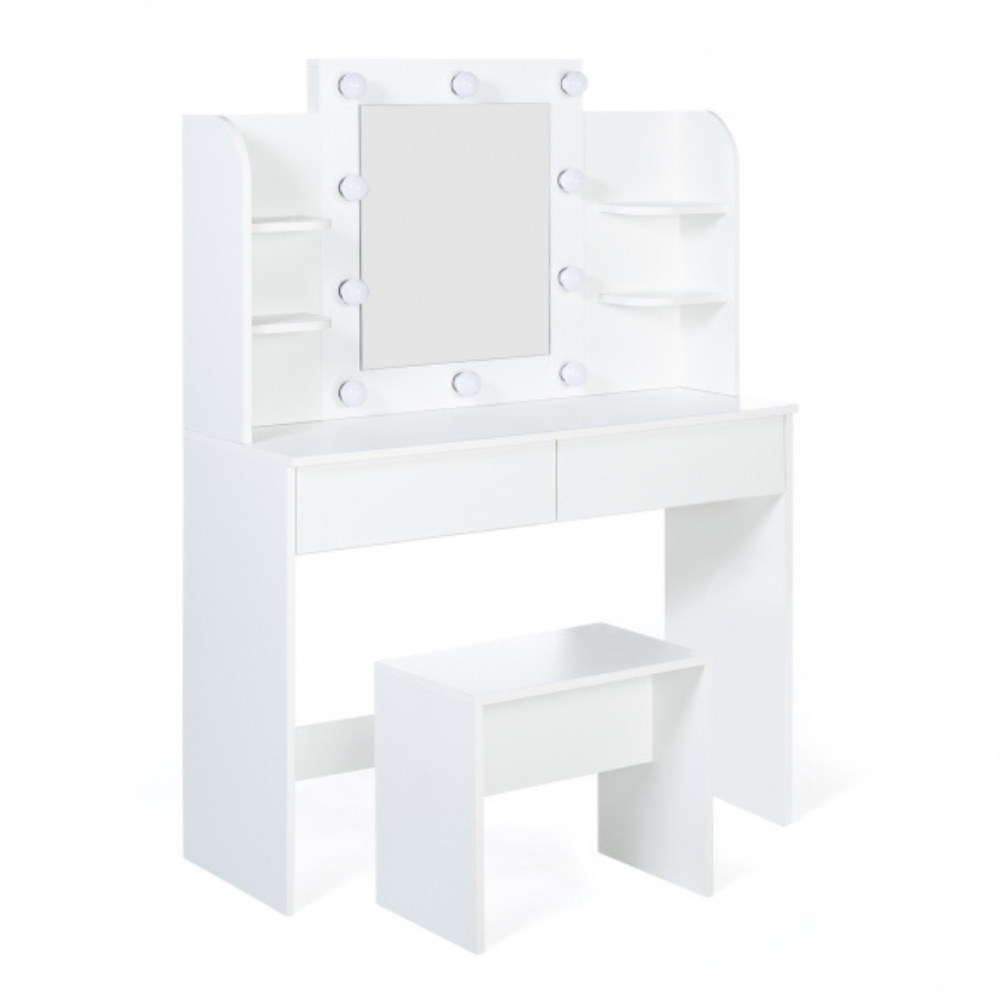 Coiffeuse ZITA Blanche + Miroir LED et Étagères