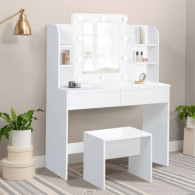 Coiffeuse ZITA Blanche + Miroir LED et Étagères