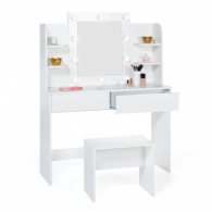 Coiffeuse ZITA Blanche + Miroir LED et Étagères