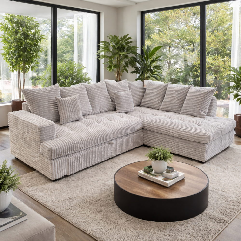 Canapé d'Angle Beige Convertible Velour Cotelé LARY MINI