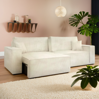 Canapé lit LIEN Beige Côtelé Convertible et Réversible Canapé lit LIEN Beige Côtelé Convertible et Réversible