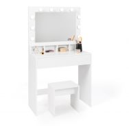 COIFFEUSE+ MIROIR LED AVEC 4 NICHES, 1 TIROIR ET TABOURET