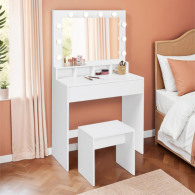 COIFFEUSE+ MIROIR LED AVEC 4 NICHES, 1 TIROIR ET TABOURET