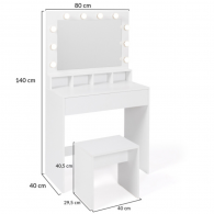 COIFFEUSE+ MIROIR LED AVEC 4 NICHES, 1 TIROIR ET TABOURET