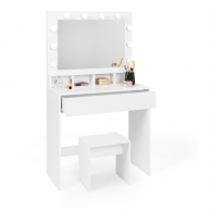 COIFFEUSE+ MIROIR LED AVEC 4 NICHES, 1 TIROIR ET TABOURET